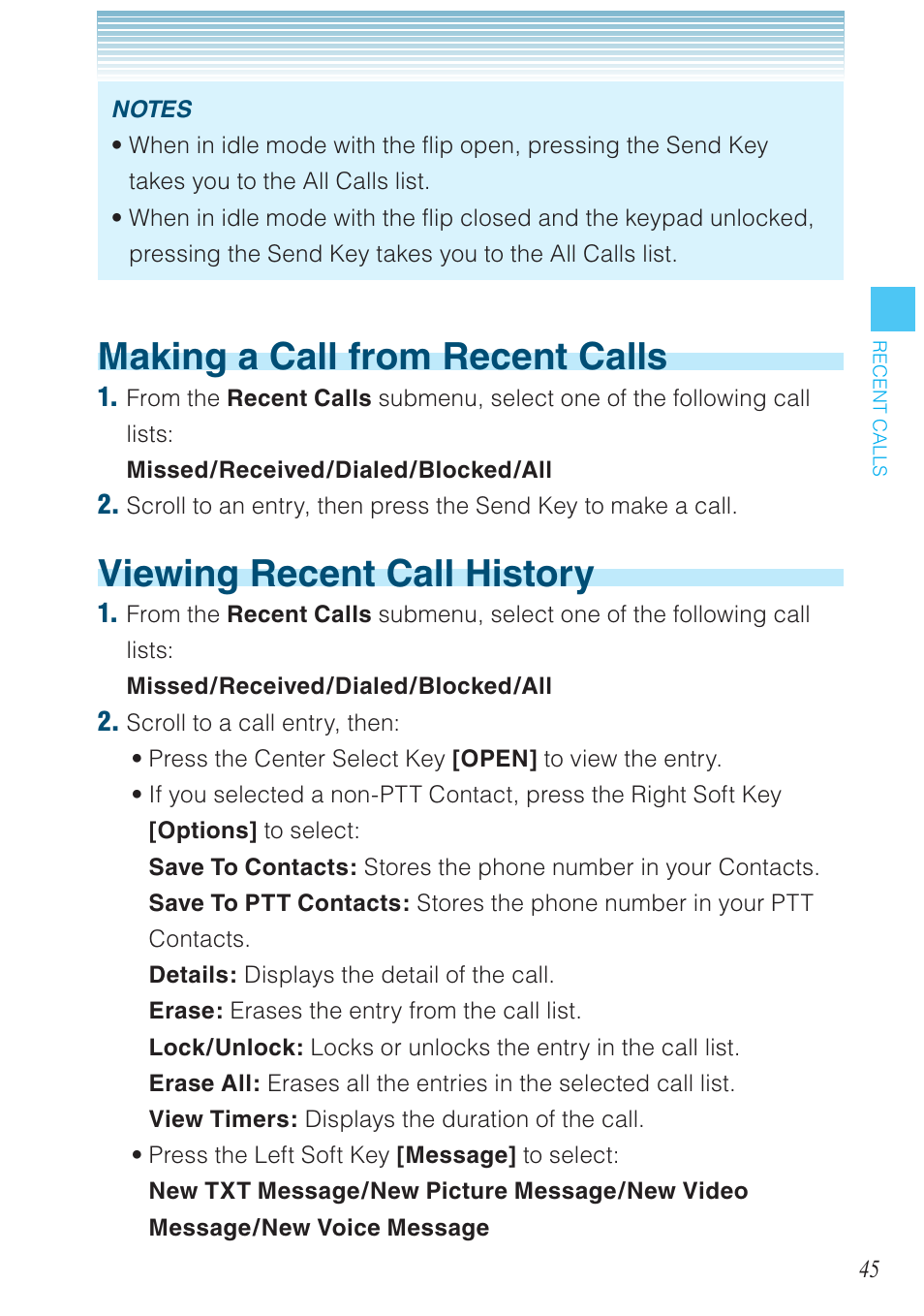 Making a call from recent calls, Viewing recent call history | Casio G'zOne Brigade User Manual | Page 46 / 208