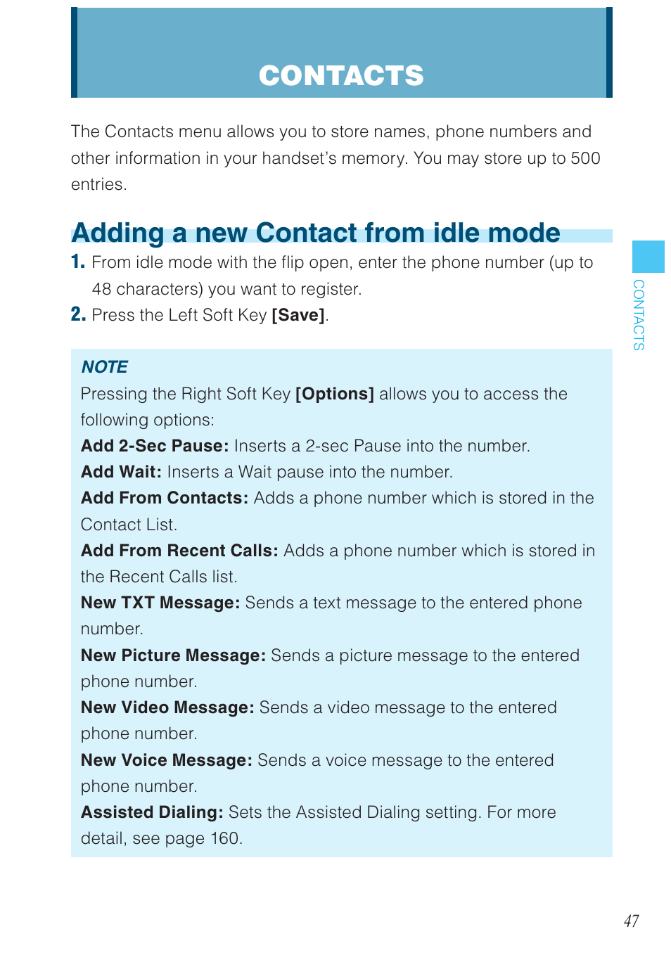Adding a new contact from idle mode, Contacts | Casio G'zOne Brigade User Manual | Page 48 / 208