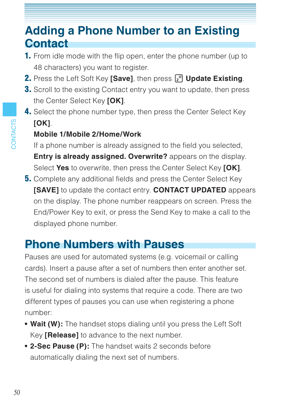 Adding a phone number to an existing contact, Phone numbers with pauses | Casio G'zOne Brigade User Manual | Page 51 / 208