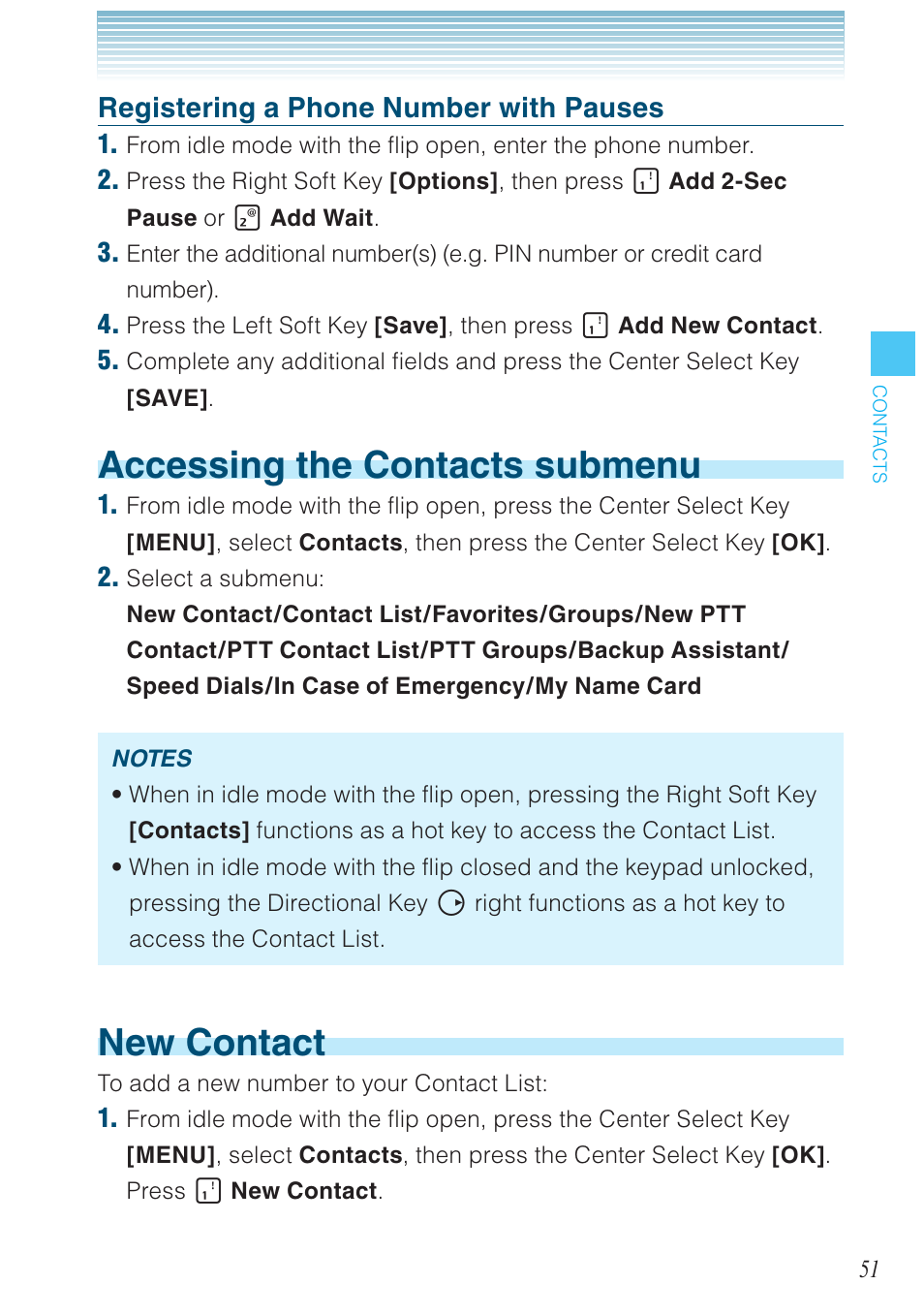 Accessing the contacts submenu, New contact, Registering a phone number with pauses | Casio G'zOne Brigade User Manual | Page 52 / 208
