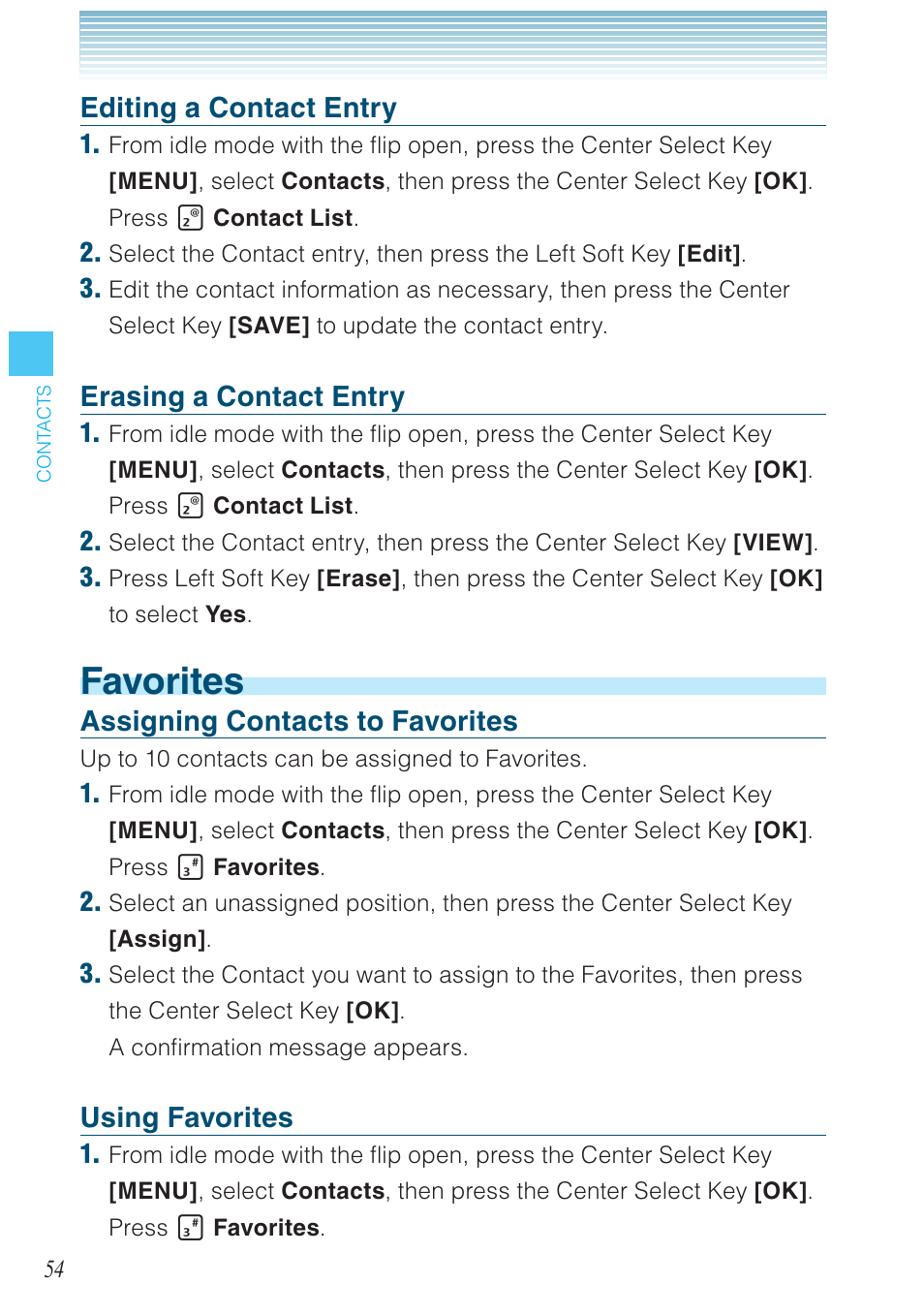 Favorites, Editing a contact entry, Erasing a contact entry | Assigning contacts to favorites, Using favorites | Casio G'zOne Brigade User Manual | Page 55 / 208