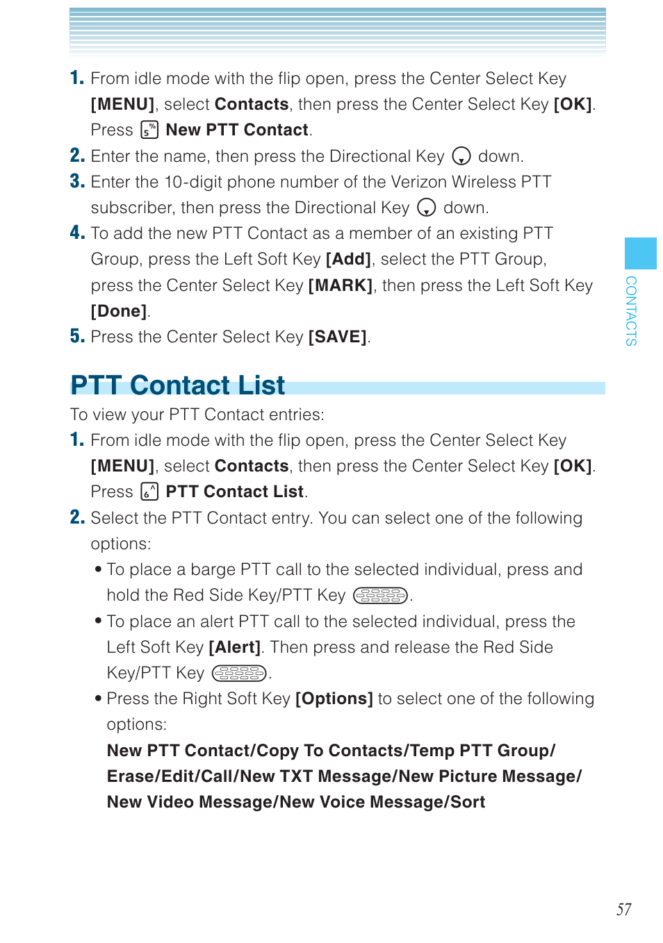 Ptt contact list | Casio G'zOne Brigade User Manual | Page 58 / 208