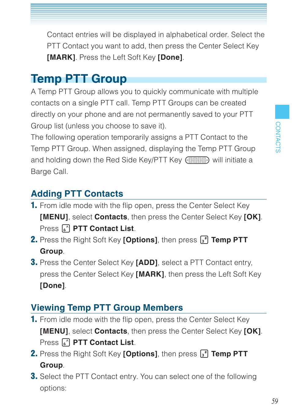 Temp ptt group, Adding ptt contacts, Viewing temp ptt group members | Casio G'zOne Brigade User Manual | Page 60 / 208