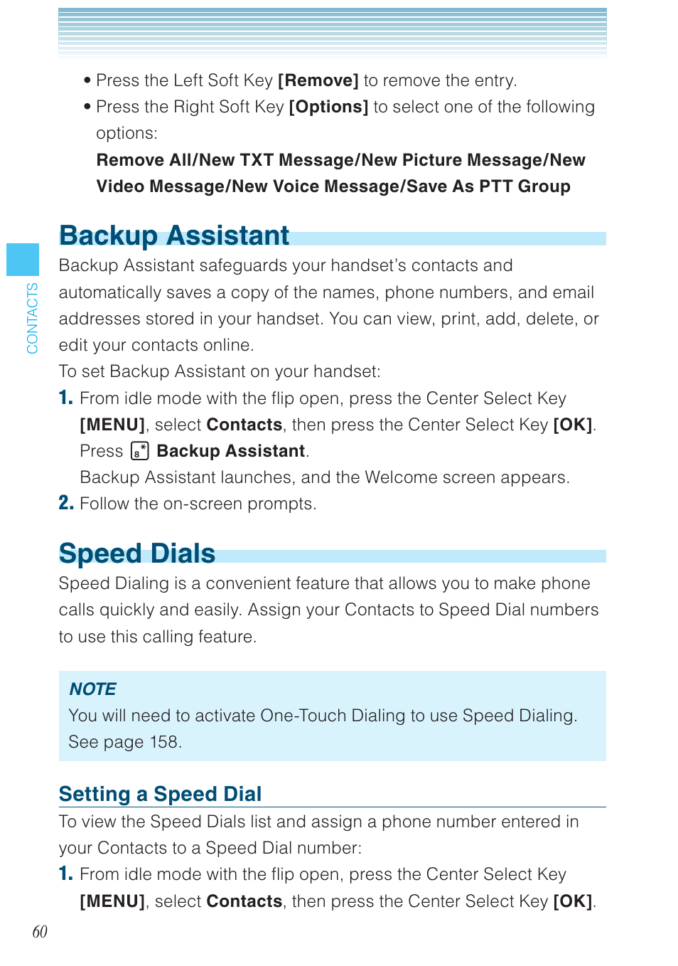 Backup assistant, Speed dials, Setting a speed dial | Casio G'zOne Brigade User Manual | Page 61 / 208