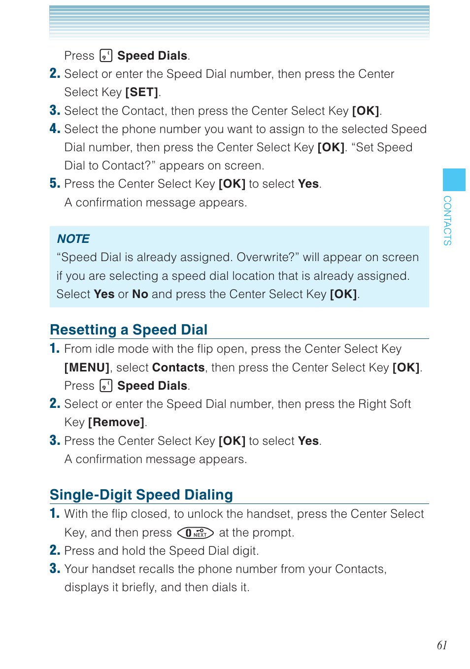 Resetting a speed dial, Single-digit speed dialing | Casio G'zOne Brigade User Manual | Page 62 / 208