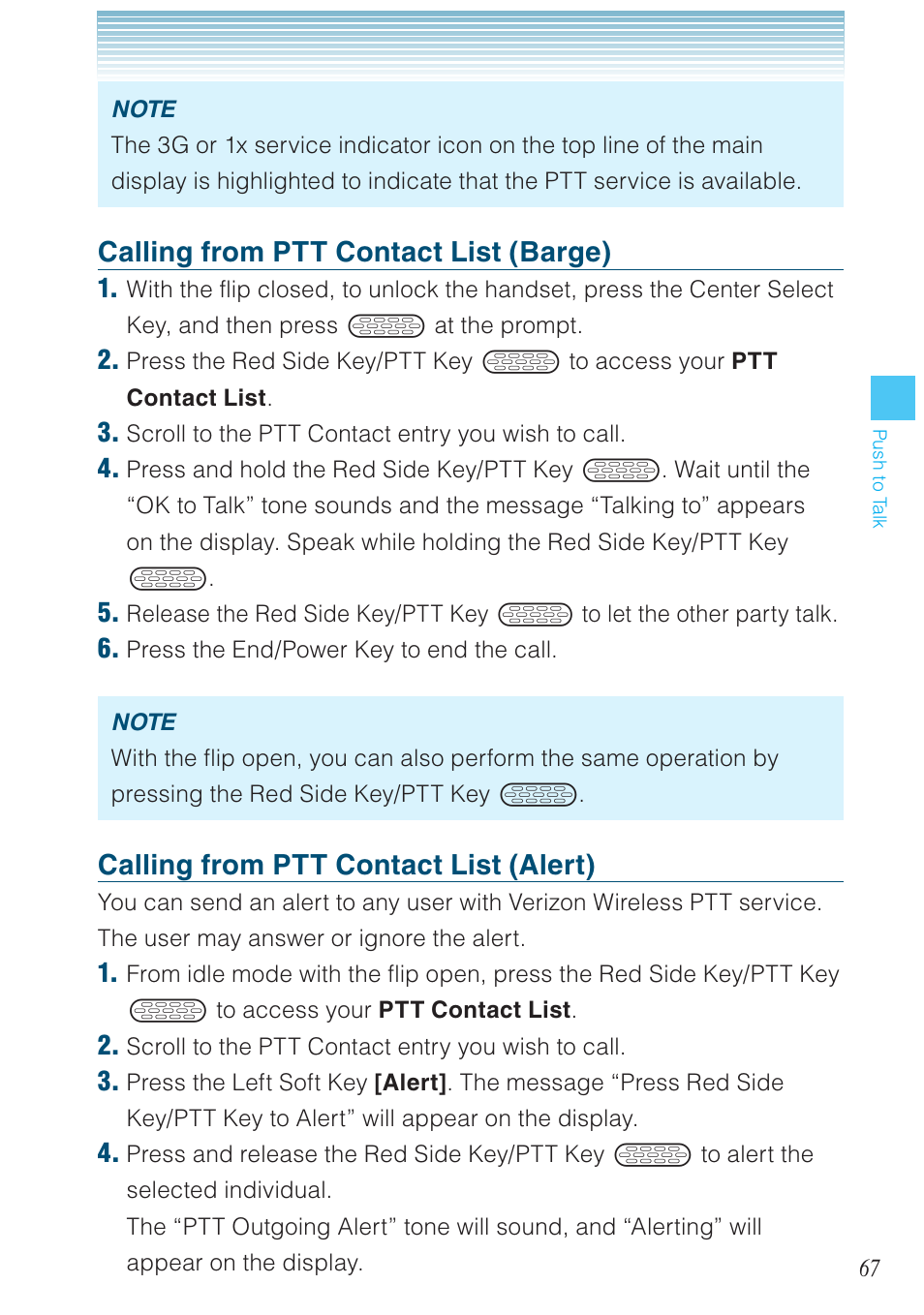 Calling from ptt contact list (barge), Calling from ptt contact list (alert) | Casio G'zOne Brigade User Manual | Page 68 / 208