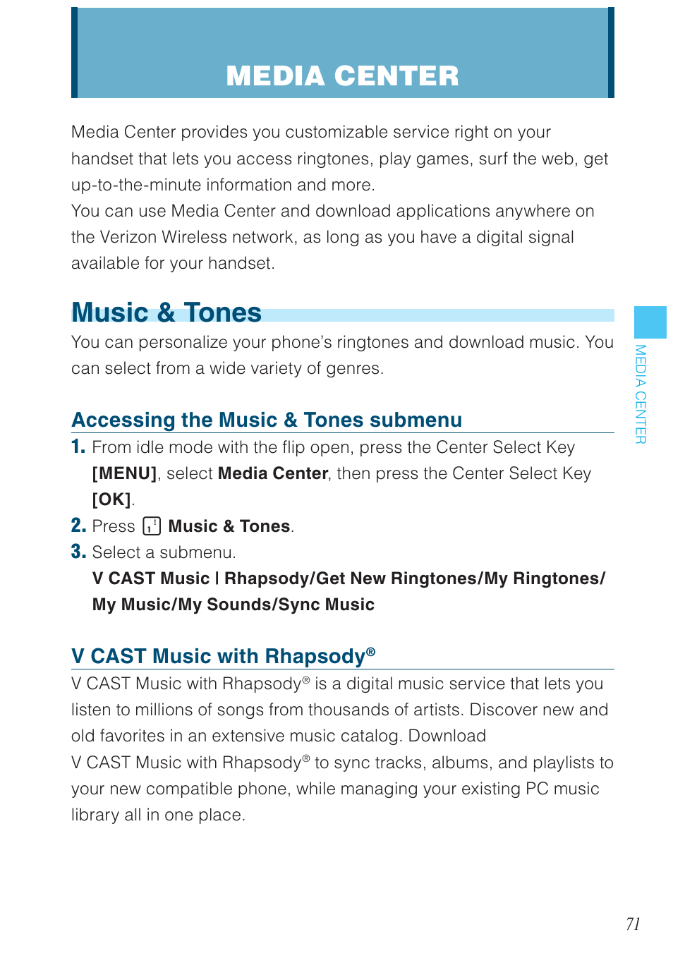 Music & tones, Media center, Accessing the music & tones submenu | V cast music with rhapsody | Casio G'zOne Brigade User Manual | Page 72 / 208
