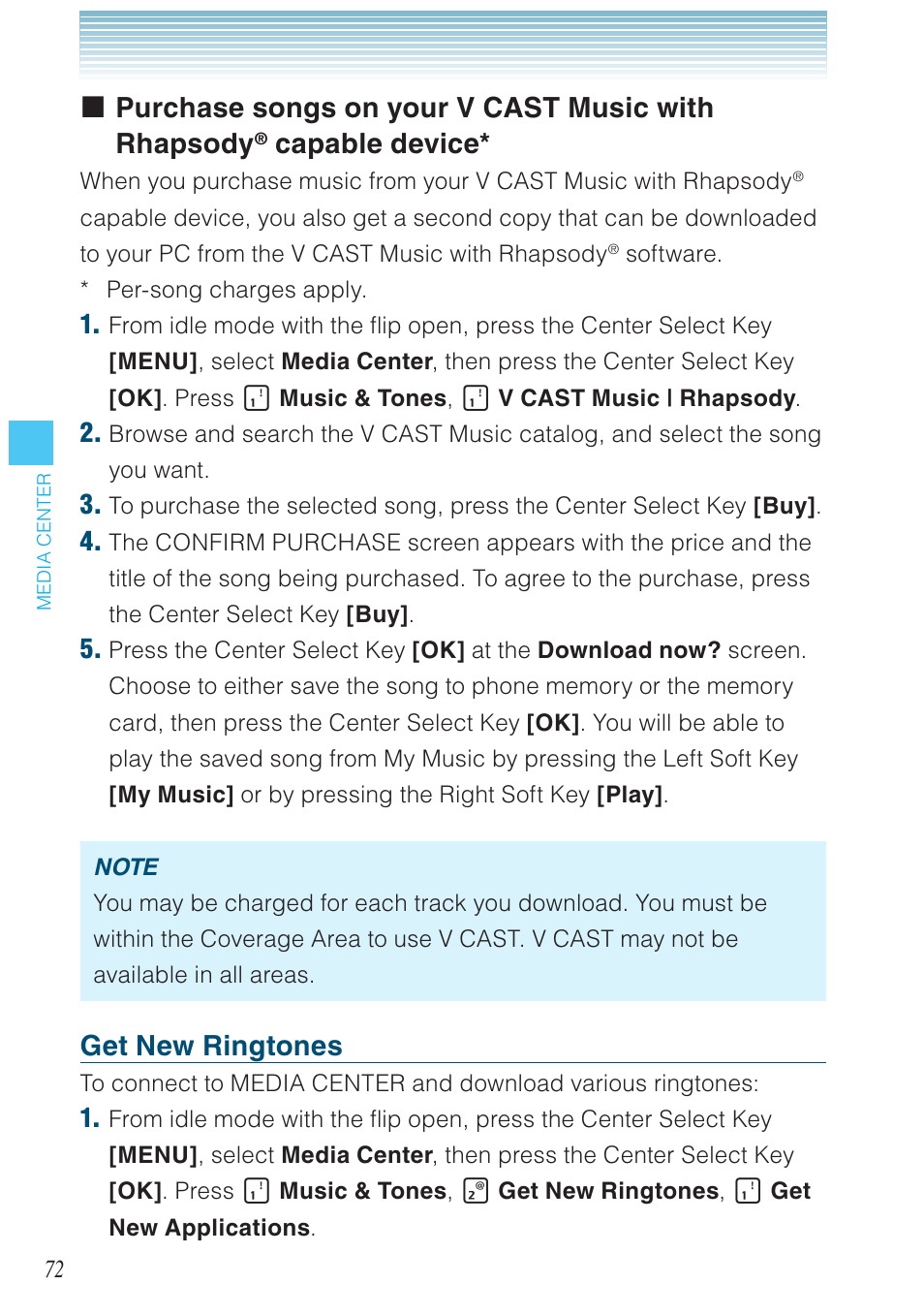Purchase songs on your v cast music with rhapsody, Capable device, Get new ringtones | Casio G'zOne Brigade User Manual | Page 73 / 208