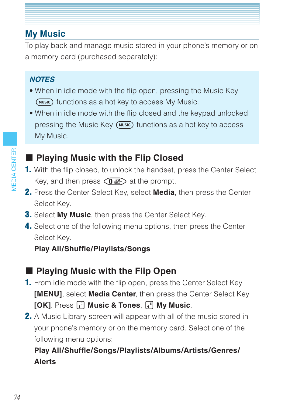 My music, Playing music with the flip closed, Playing music with the flip open | Casio G'zOne Brigade User Manual | Page 75 / 208