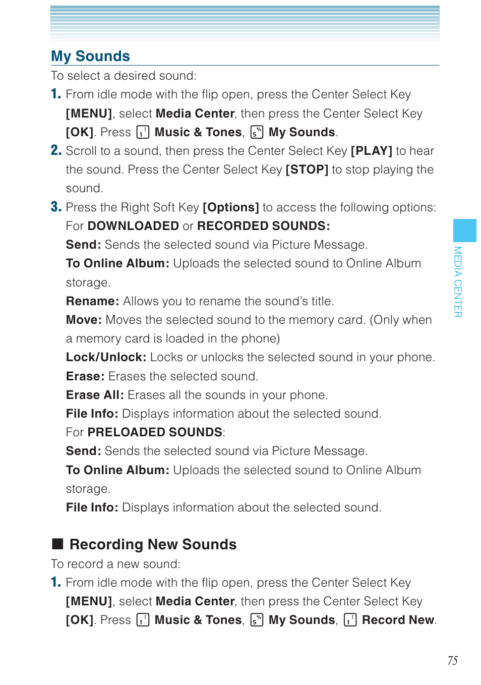 My sounds, Recording new sounds | Casio G'zOne Brigade User Manual | Page 76 / 208