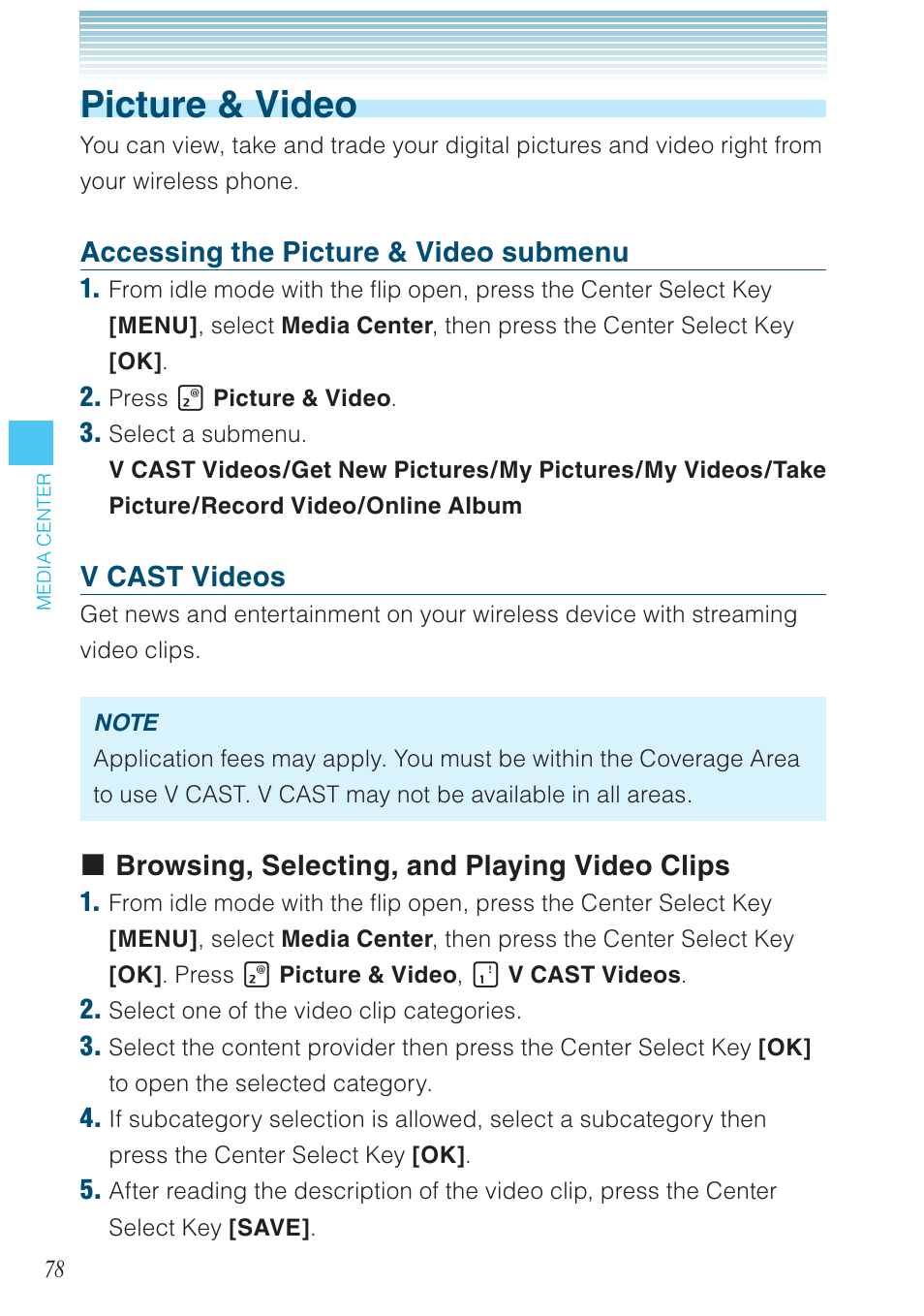 Picture & video, Accessing the picture & video submenu, V cast videos | Browsing, selecting, and playing video clips | Casio G'zOne Brigade User Manual | Page 79 / 208