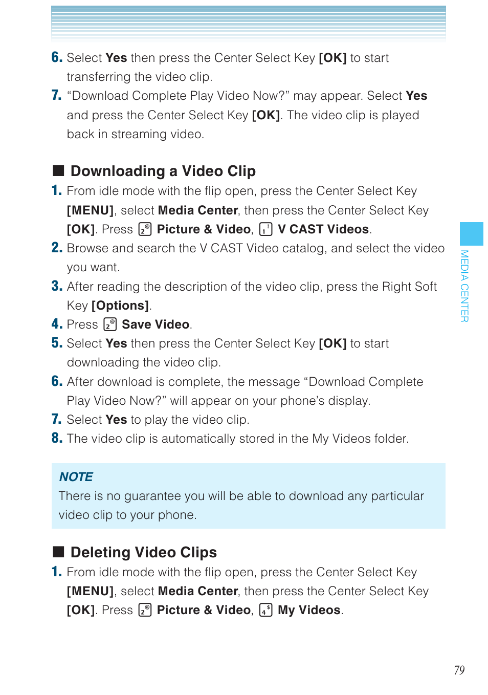 Downloading a video clip, Deleting video clips | Casio G'zOne Brigade User Manual | Page 80 / 208