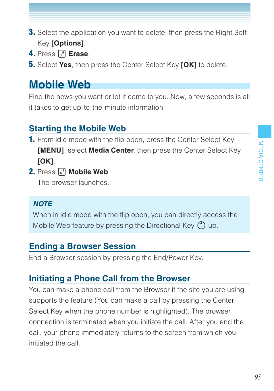 Mobile web, Starting the mobile web, Ending a browser session | Initiating a phone call from the browser | Casio G'zOne Brigade User Manual | Page 96 / 208