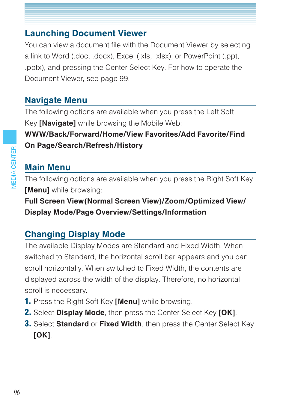 Launching document viewer, Navigate menu, Main menu | Changing display mode | Casio G'zOne Brigade User Manual | Page 97 / 208