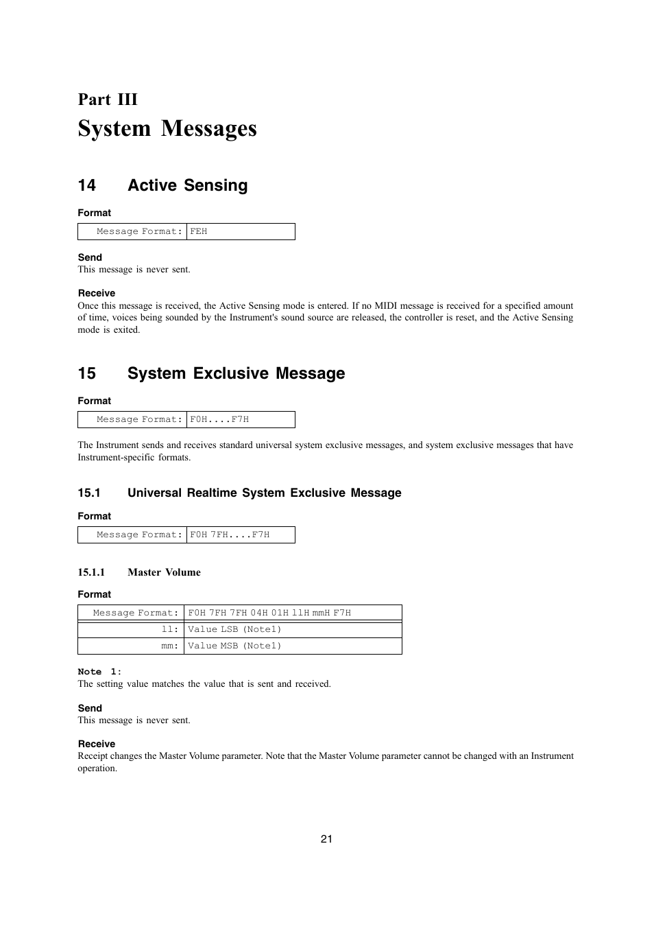 System messages, Part iii, 14 active sensing | 15 system exclusive message | Casio AP-400 User Manual | Page 21 / 45