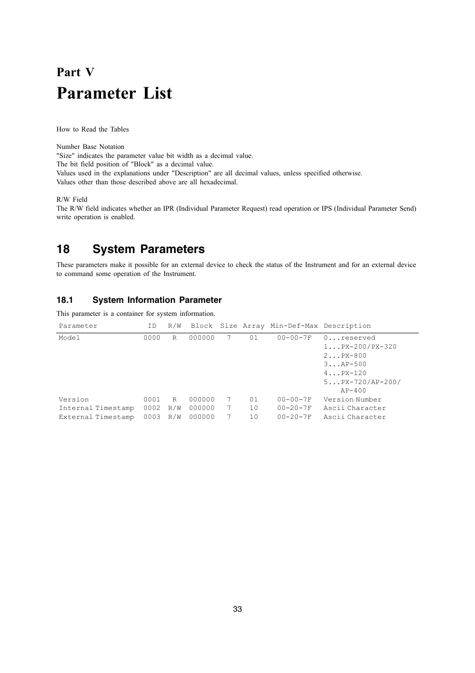 Parameter list, Part v, 18 system parameters | Casio AP-400 User Manual | Page 33 / 45