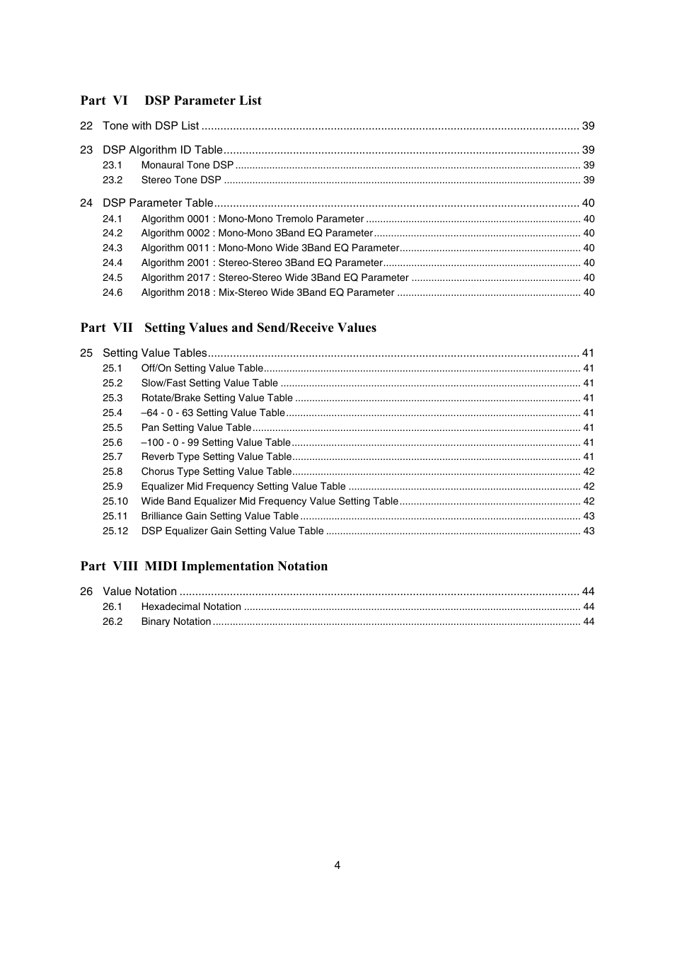 Part vi dsp parameter list, Part vii setting values and send/receive values, Part viii midi implementation notation | Casio AP-400 User Manual | Page 4 / 45