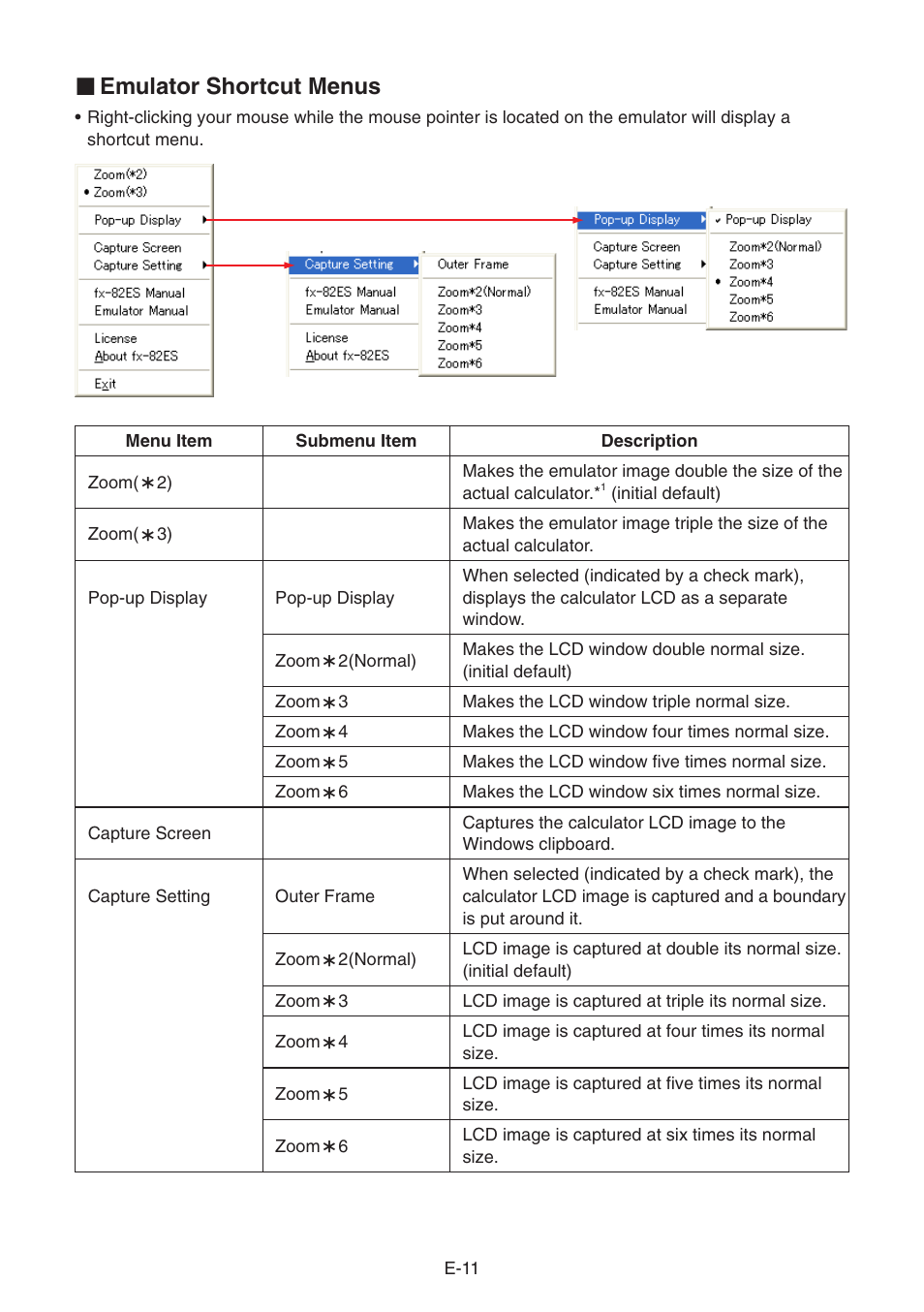 K emulator shortcut menus | Casio EMULATOR FX-ES User Manual | Page 13 / 18