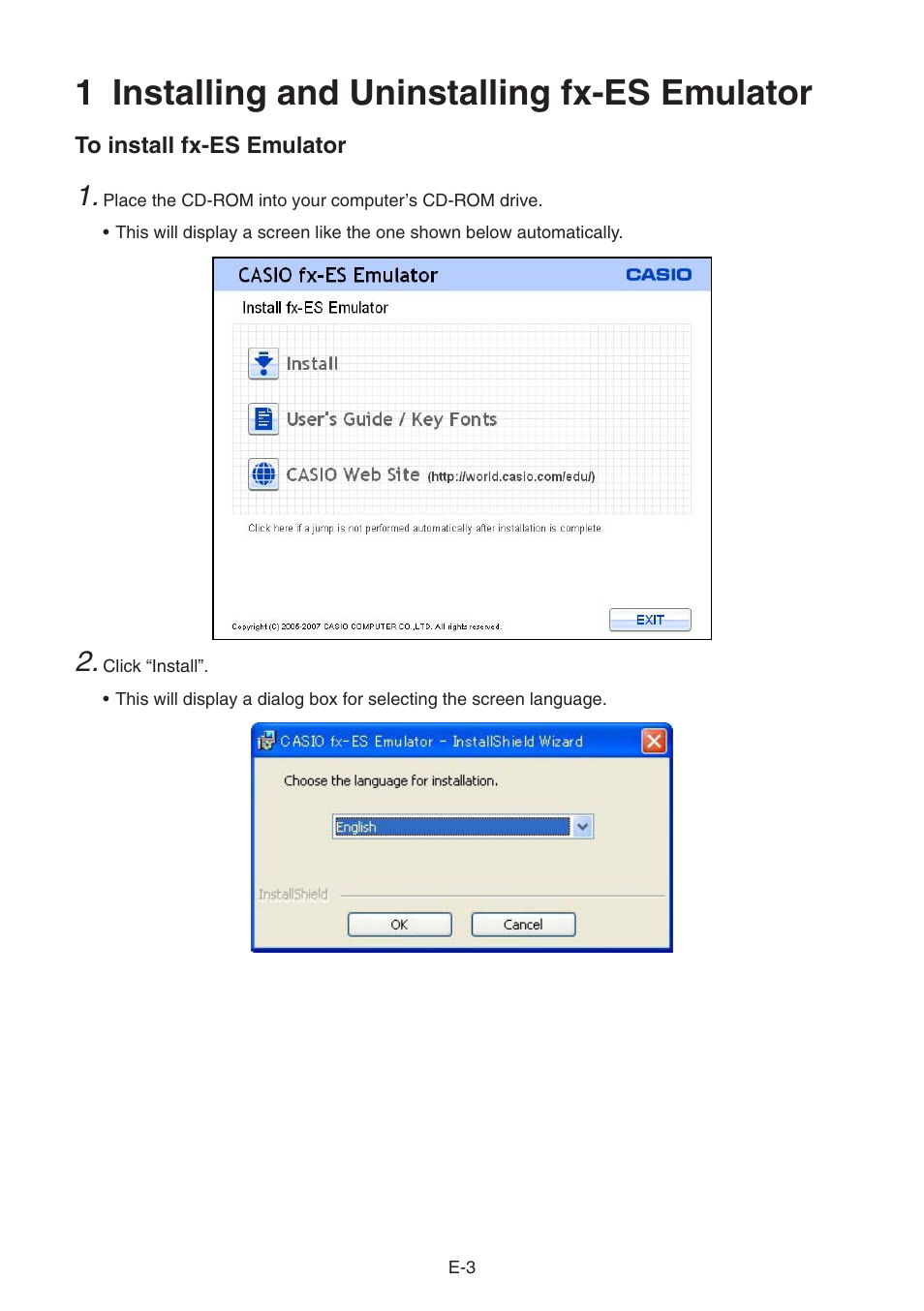 1 installing and uninstalling fx-es emulator | Casio EMULATOR FX-ES User Manual | Page 5 / 18