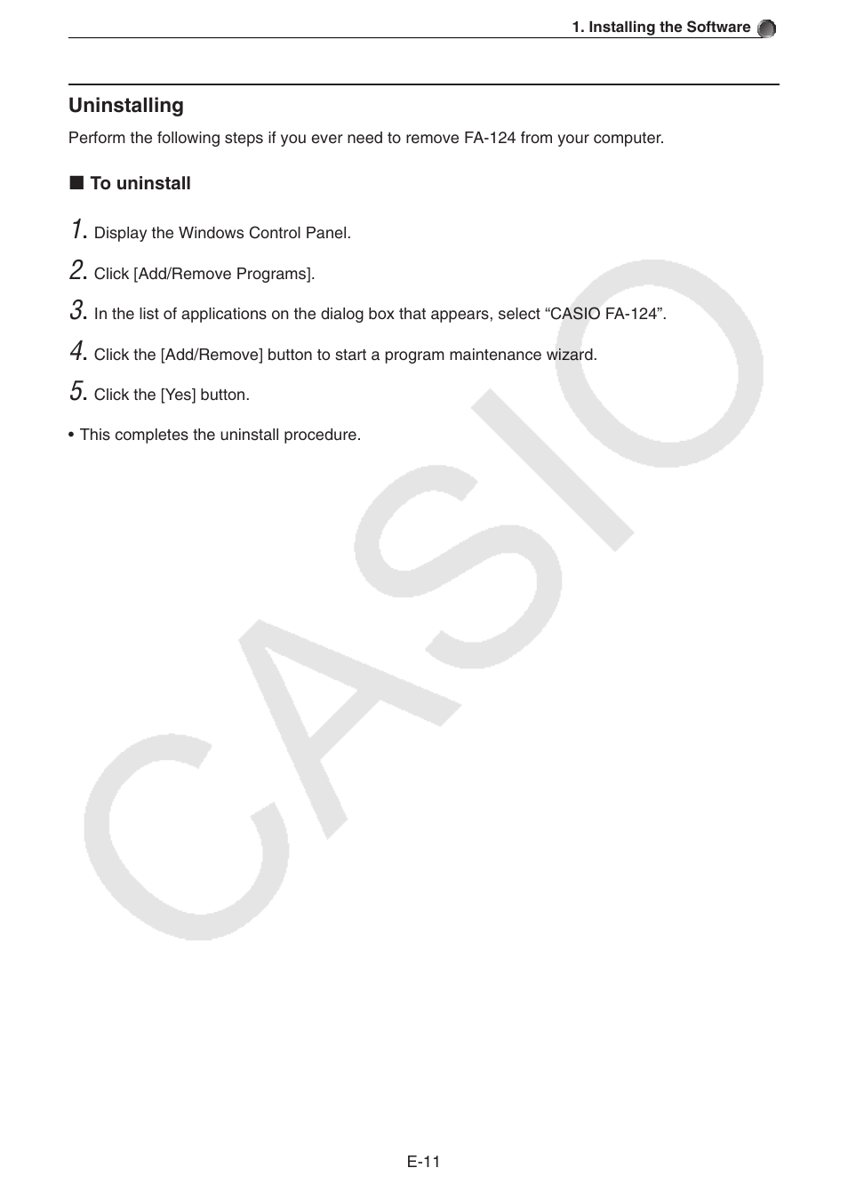 Uninstalling | Casio PROGRAM-LINK FA-124 User Manual | Page 13 / 63