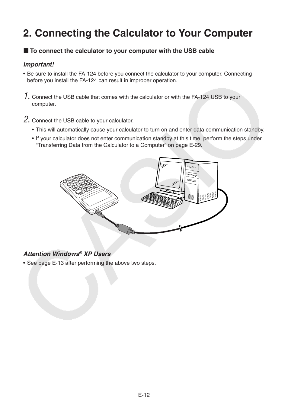 Connecting the calculator to your computer | Casio PROGRAM-LINK FA-124 User Manual | Page 14 / 63