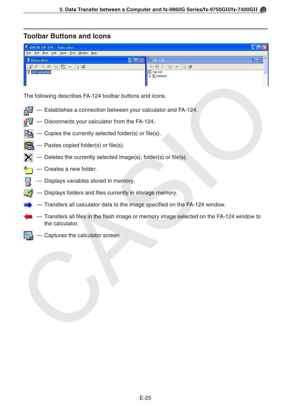 Toolbar buttons and icons | Casio PROGRAM-LINK FA-124 User Manual | Page 27 / 63