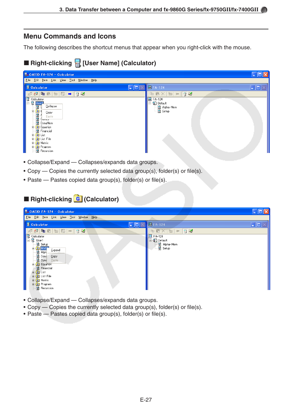 Menu commands and icons | Casio PROGRAM-LINK FA-124 User Manual | Page 29 / 63