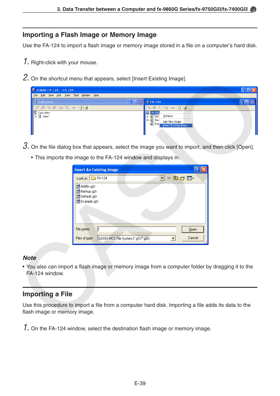 Importing a flash image or memory image, Importing a file | Casio PROGRAM-LINK FA-124 User Manual | Page 41 / 63