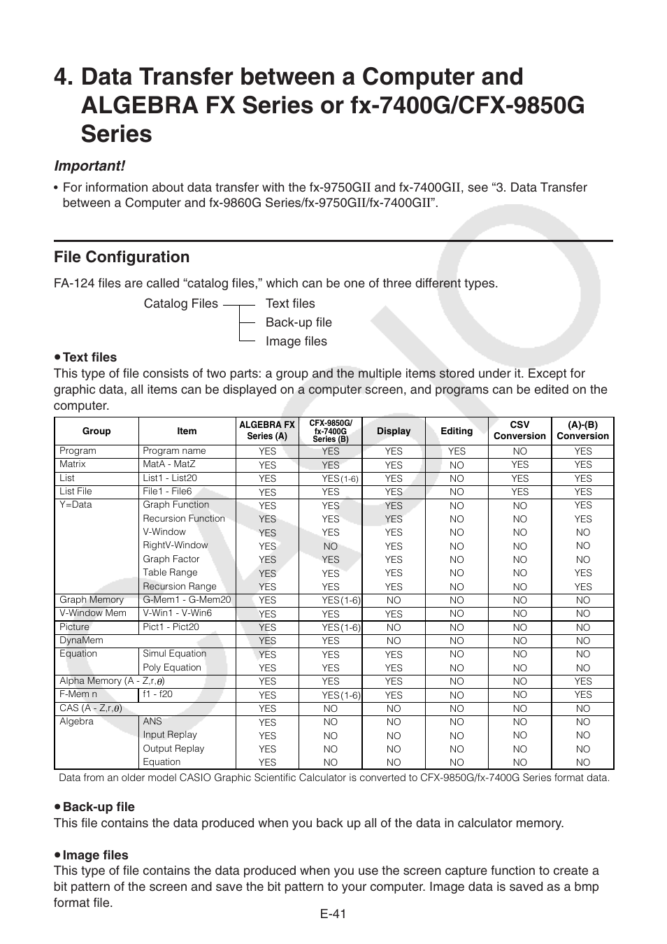 File configuration, Important, E-41 | And fx-7400g, Fx-7400g | Casio PROGRAM-LINK FA-124 User Manual | Page 43 / 63