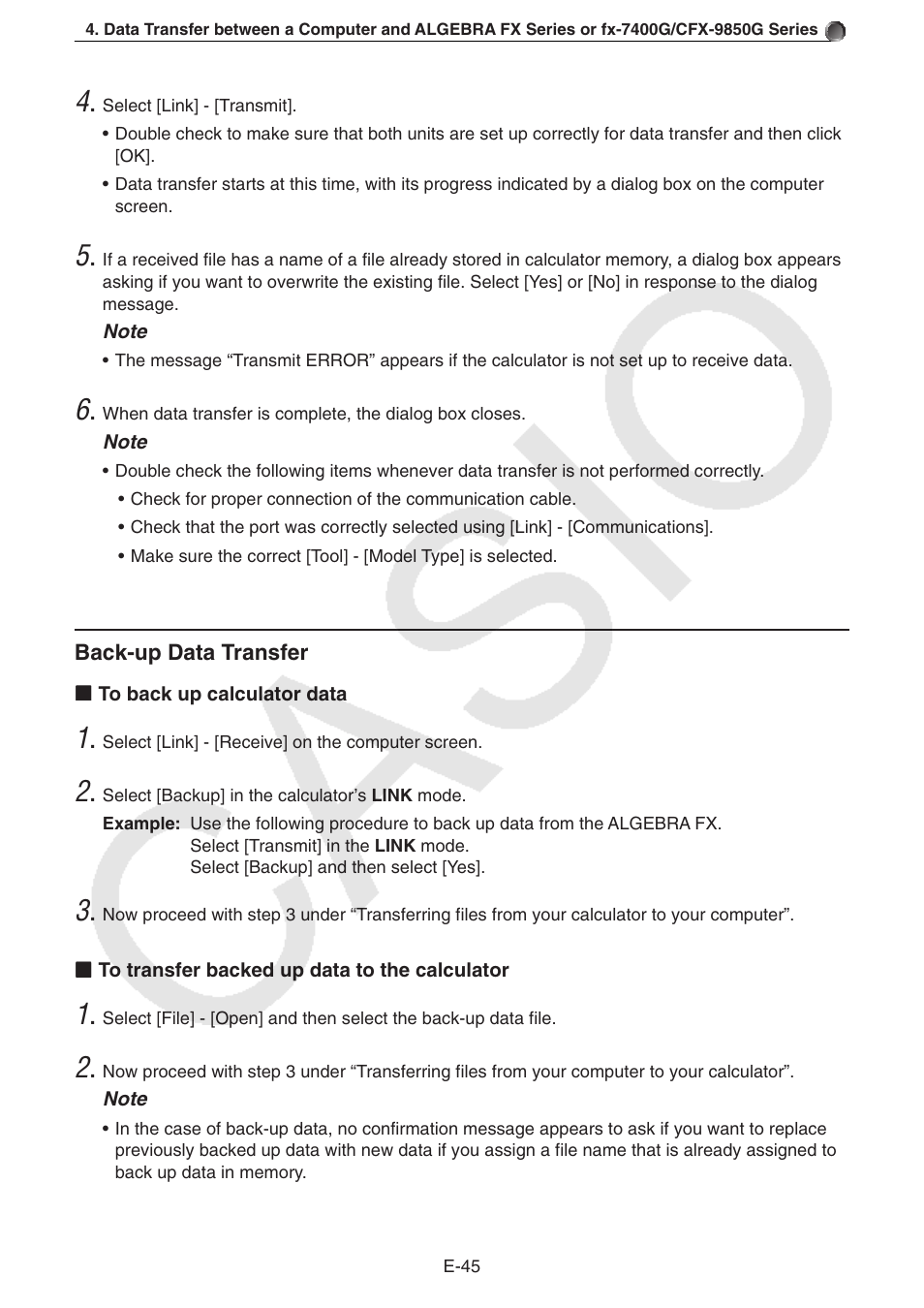 Back-up data transfer | Casio PROGRAM-LINK FA-124 User Manual | Page 47 / 63