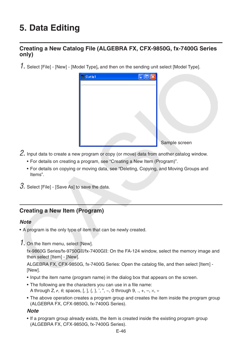 Data editing, Creating a new item (program) | Casio PROGRAM-LINK FA-124 User Manual | Page 48 / 63