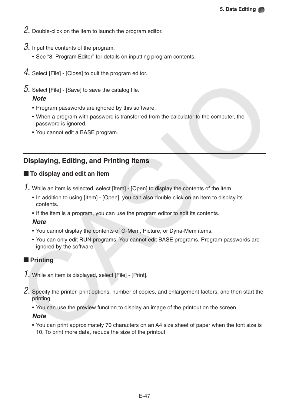 Displaying, editing, and printing items | Casio PROGRAM-LINK FA-124 User Manual | Page 49 / 63