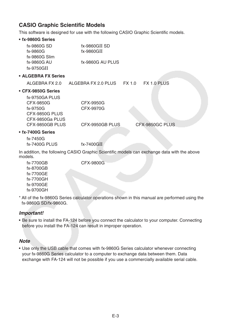 Casio graphic scientific models | Casio PROGRAM-LINK FA-124 User Manual | Page 5 / 63