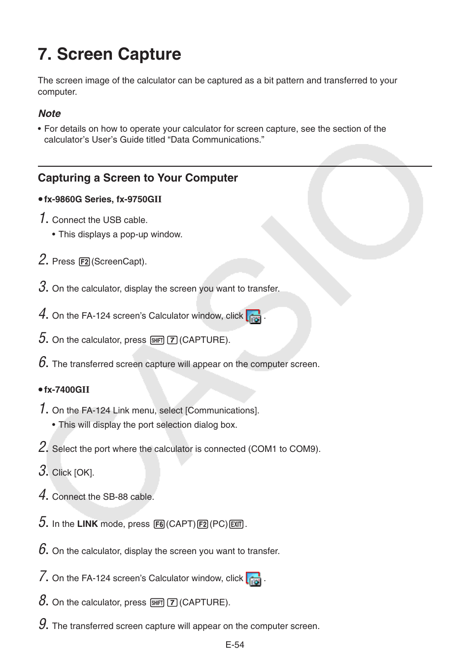 Screen capture, Capturing a screen to your computer | Casio PROGRAM-LINK FA-124 User Manual | Page 56 / 63