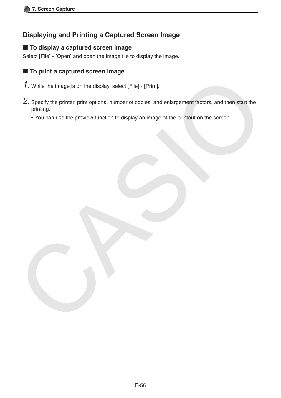 Displaying and printing a captured screen image | Casio PROGRAM-LINK FA-124 User Manual | Page 58 / 63