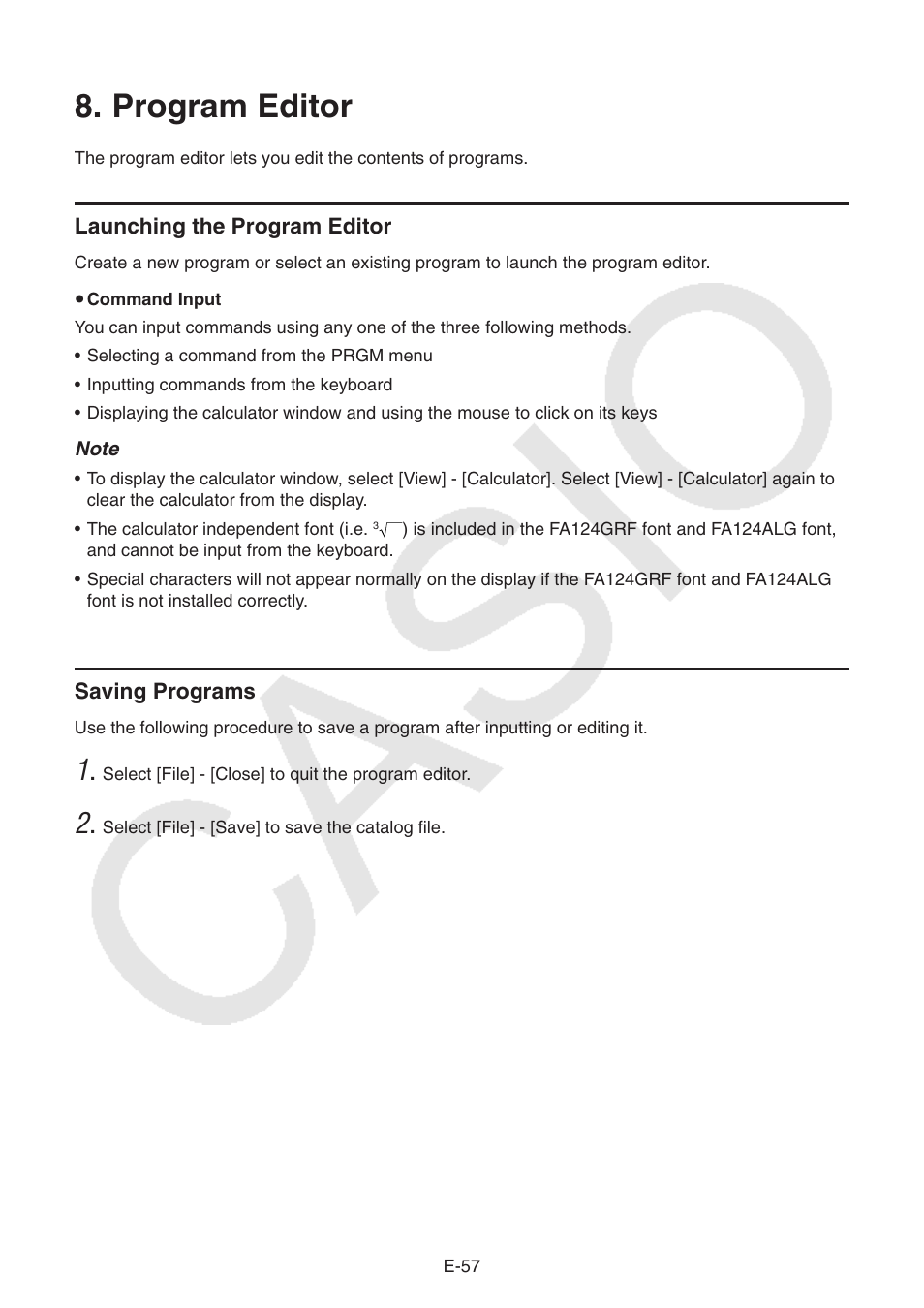 Program editor, Launching the program editor, Saving programs | Casio PROGRAM-LINK FA-124 User Manual | Page 59 / 63