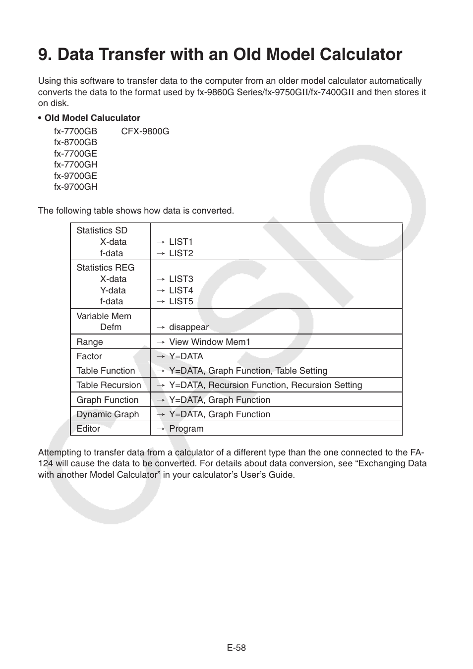 Data transfer with an old model calculator | Casio PROGRAM-LINK FA-124 User Manual | Page 60 / 63