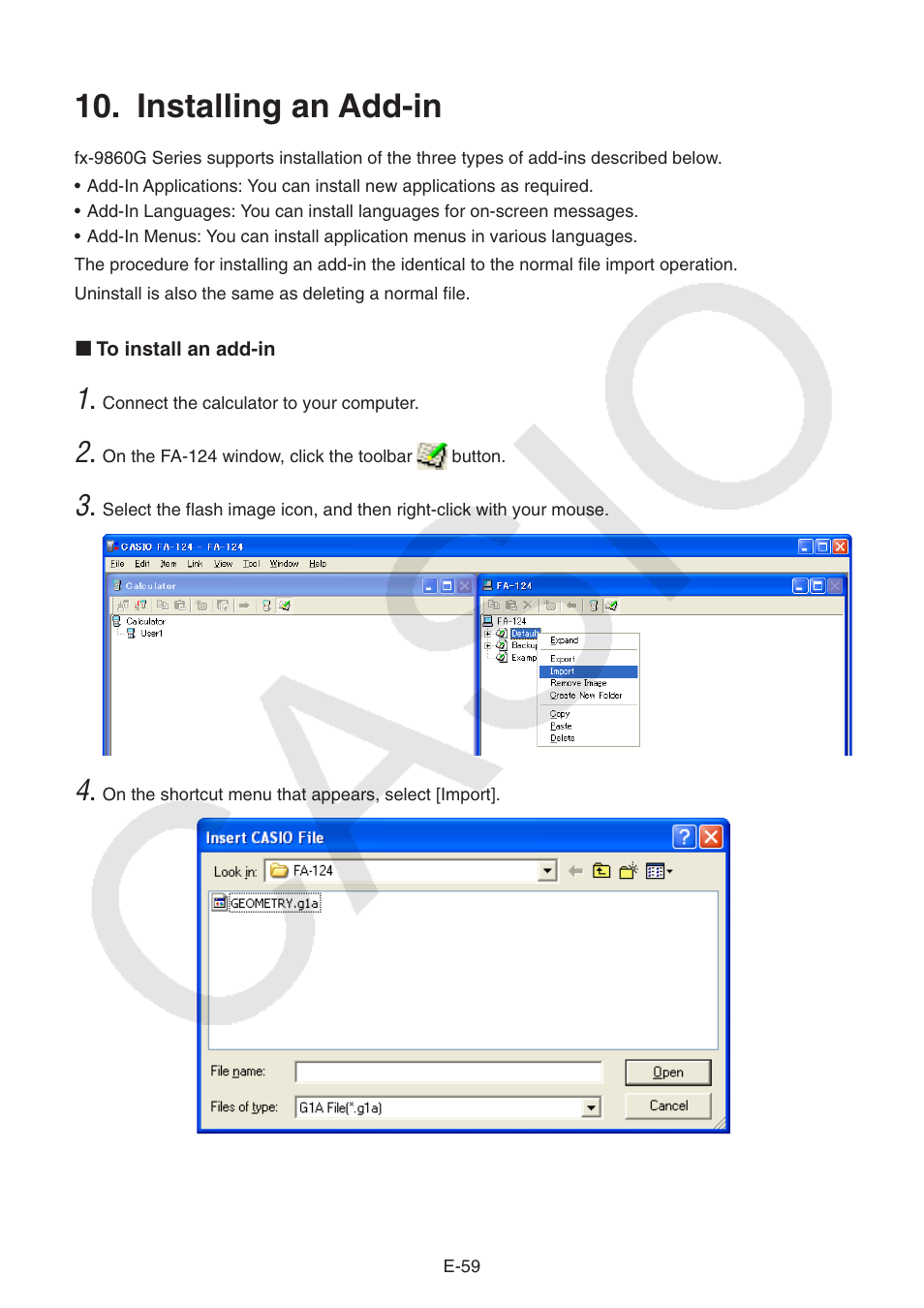 Installing an add-in | Casio PROGRAM-LINK FA-124 User Manual | Page 61 / 63