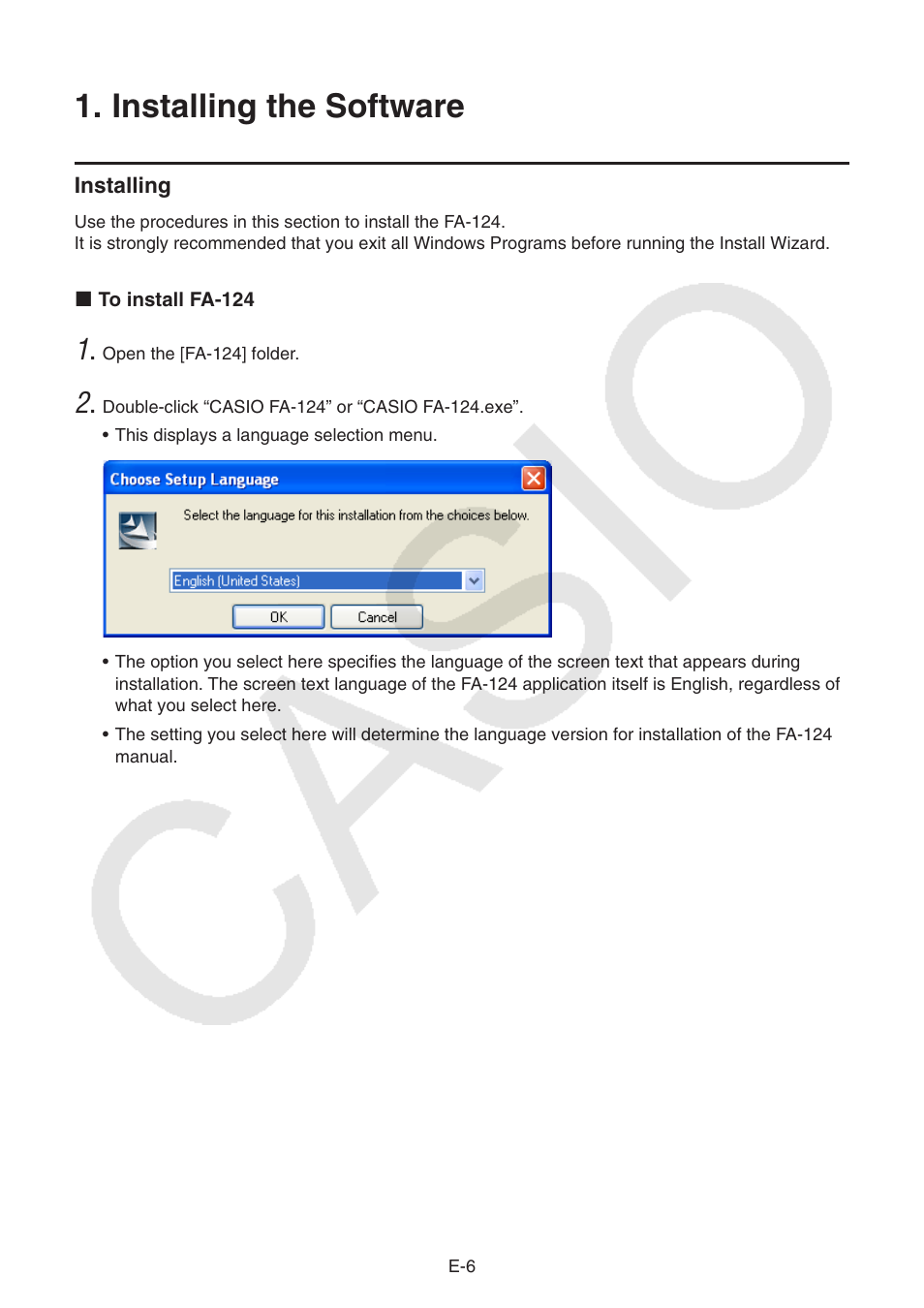 Installing the software, Installing | Casio PROGRAM-LINK FA-124 User Manual | Page 8 / 63