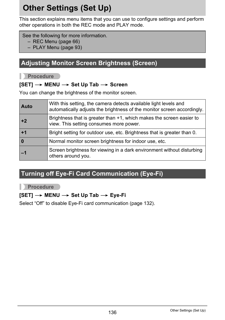 Other settings (set up), Adjusting monitor screen brightness (screen), Turning off eye-fi card communication (eye-fi) | Other settings, Set up) 136 | Casio EXILIM EX-S300 User Manual | Page 136 / 189