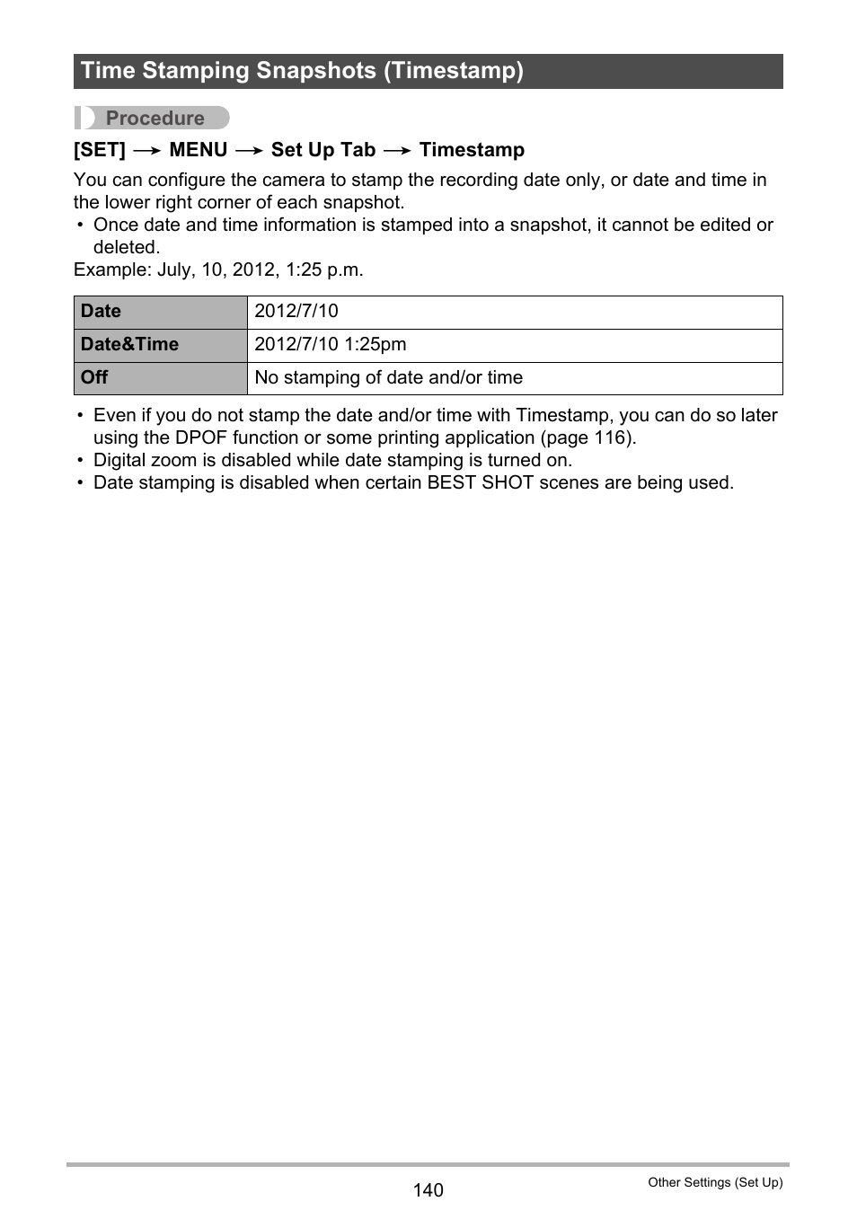 Time stamping snapshots (timestamp) | Casio EXILIM EX-S300 User Manual | Page 140 / 189