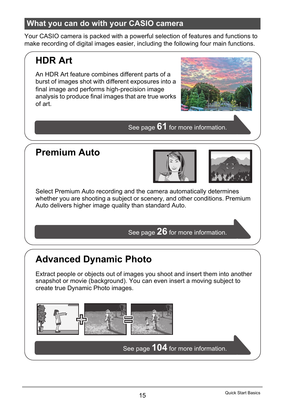 What you can do with your casio camera, Hdr art, Premium auto | Advanced dynamic photo | Casio EXILIM EX-S300 User Manual | Page 15 / 189
