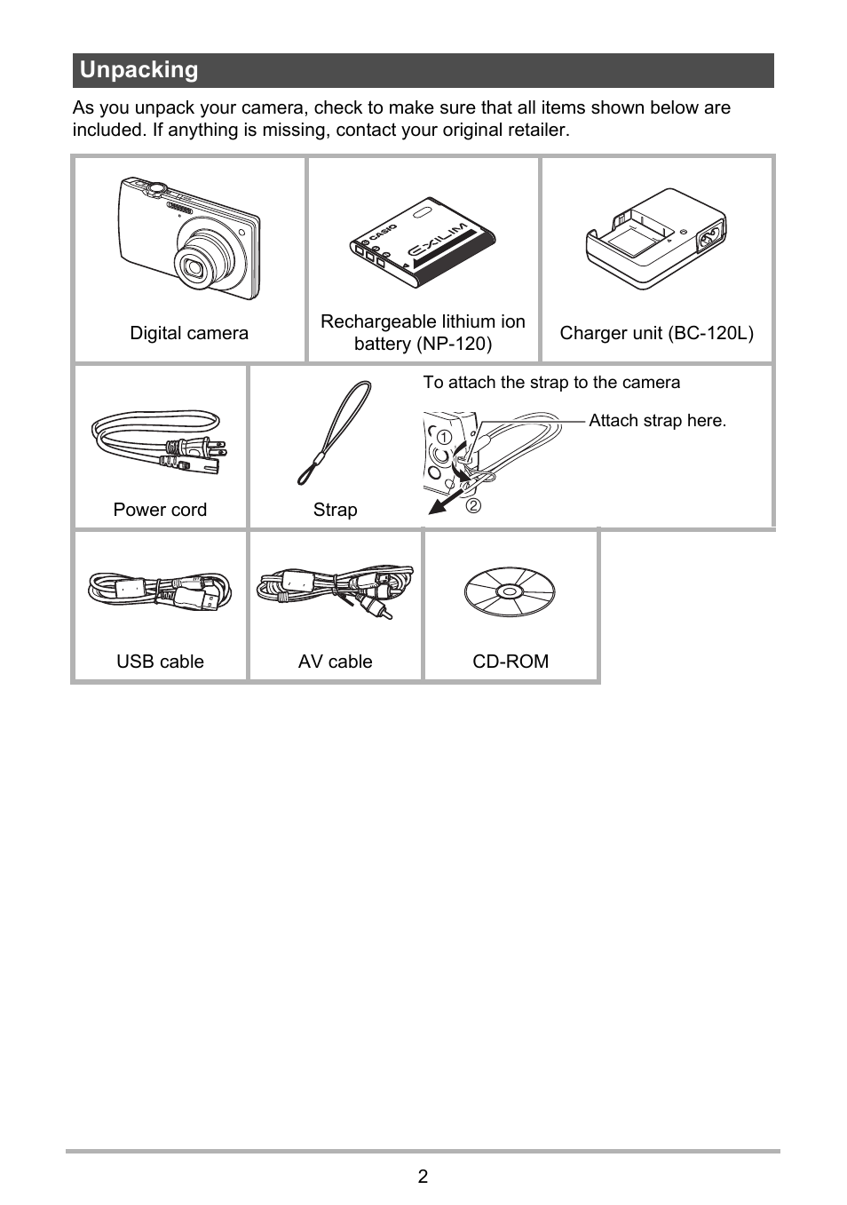 Unpacking | Casio EXILIM EX-S300 User Manual | Page 2 / 189