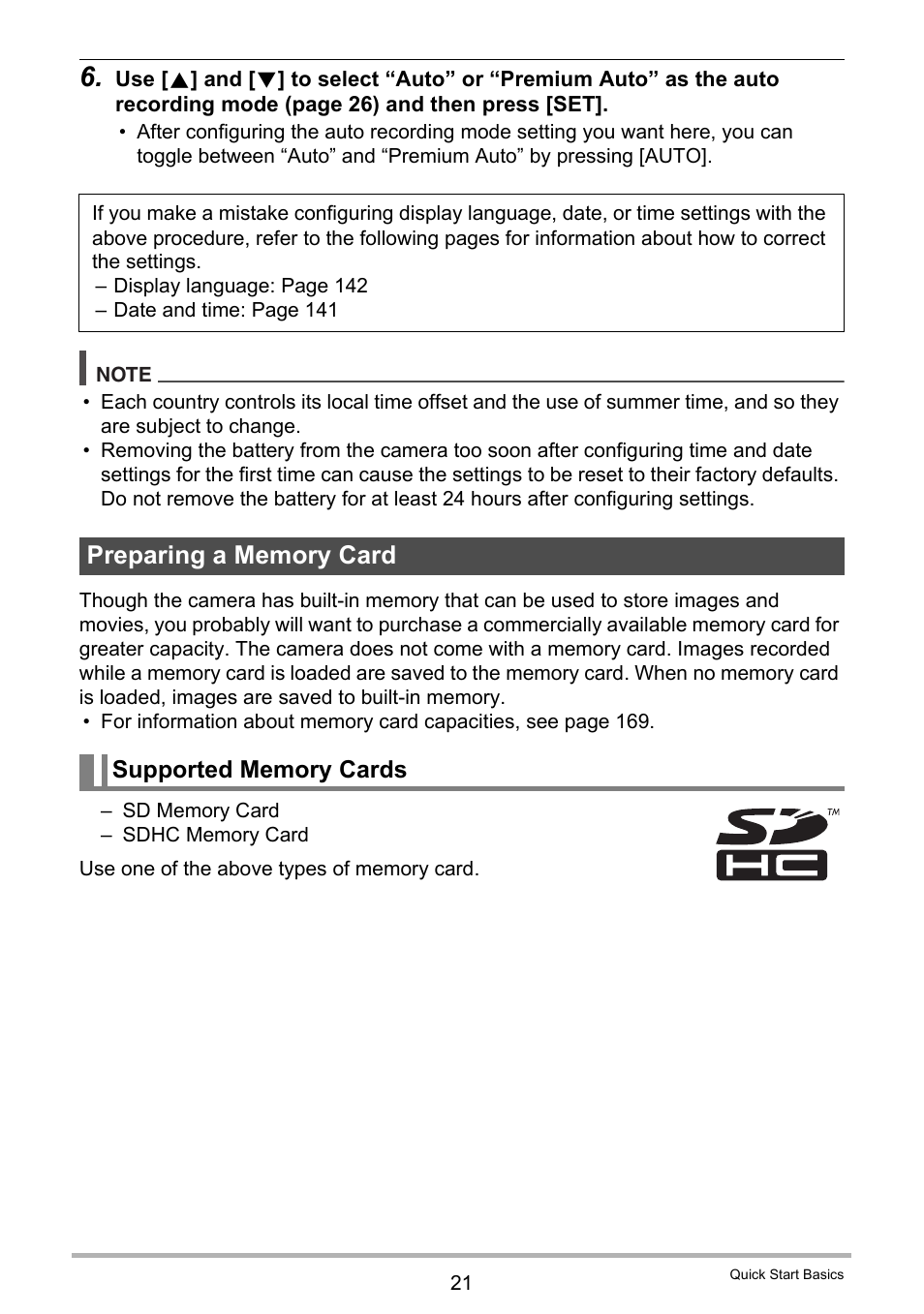 Preparing a memory card, Supported memory cards | Casio EXILIM EX-S300 User Manual | Page 21 / 189