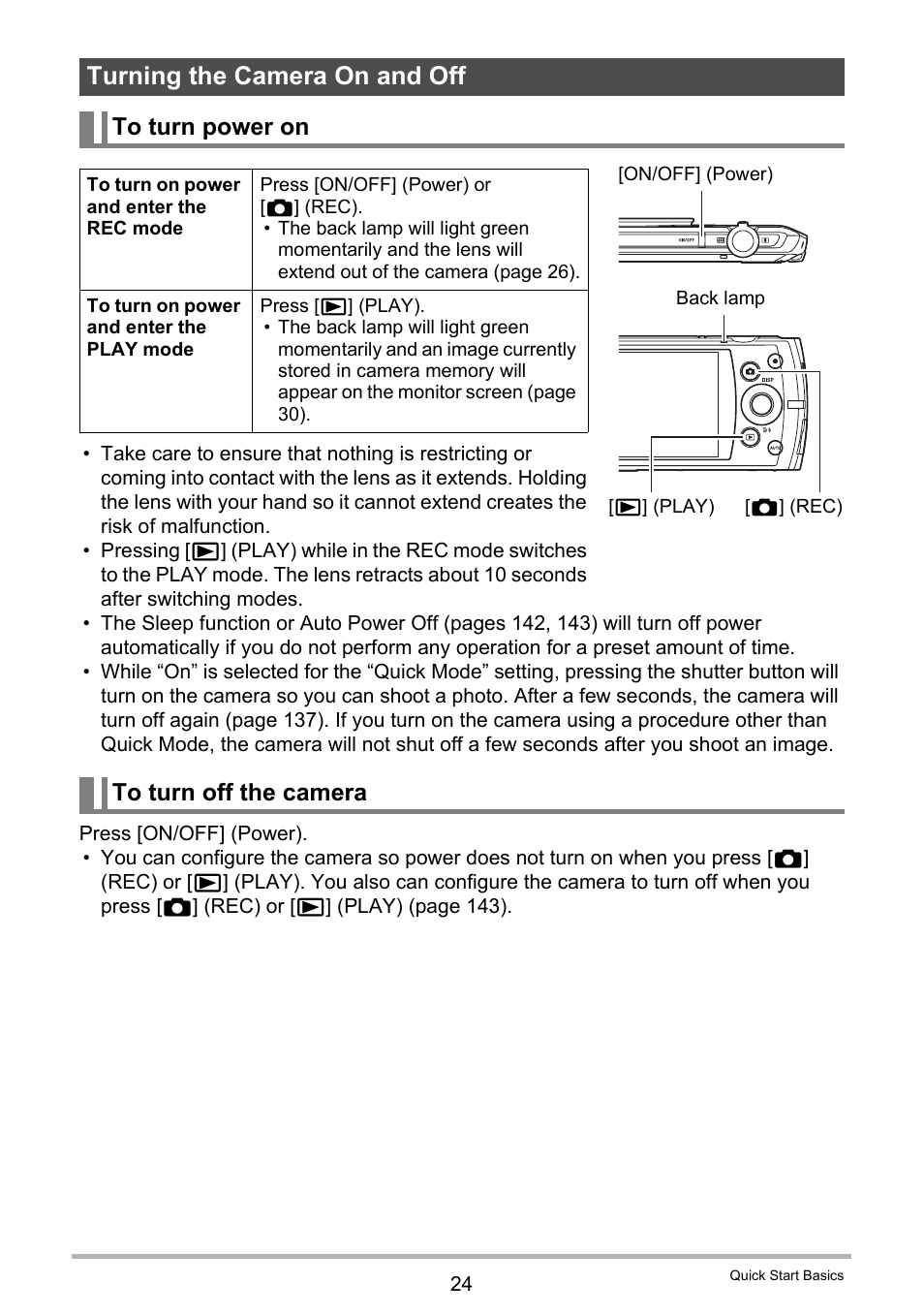 Turning the camera on and off, To turn power on, To turn off the camera | Casio EXILIM EX-S300 User Manual | Page 24 / 189