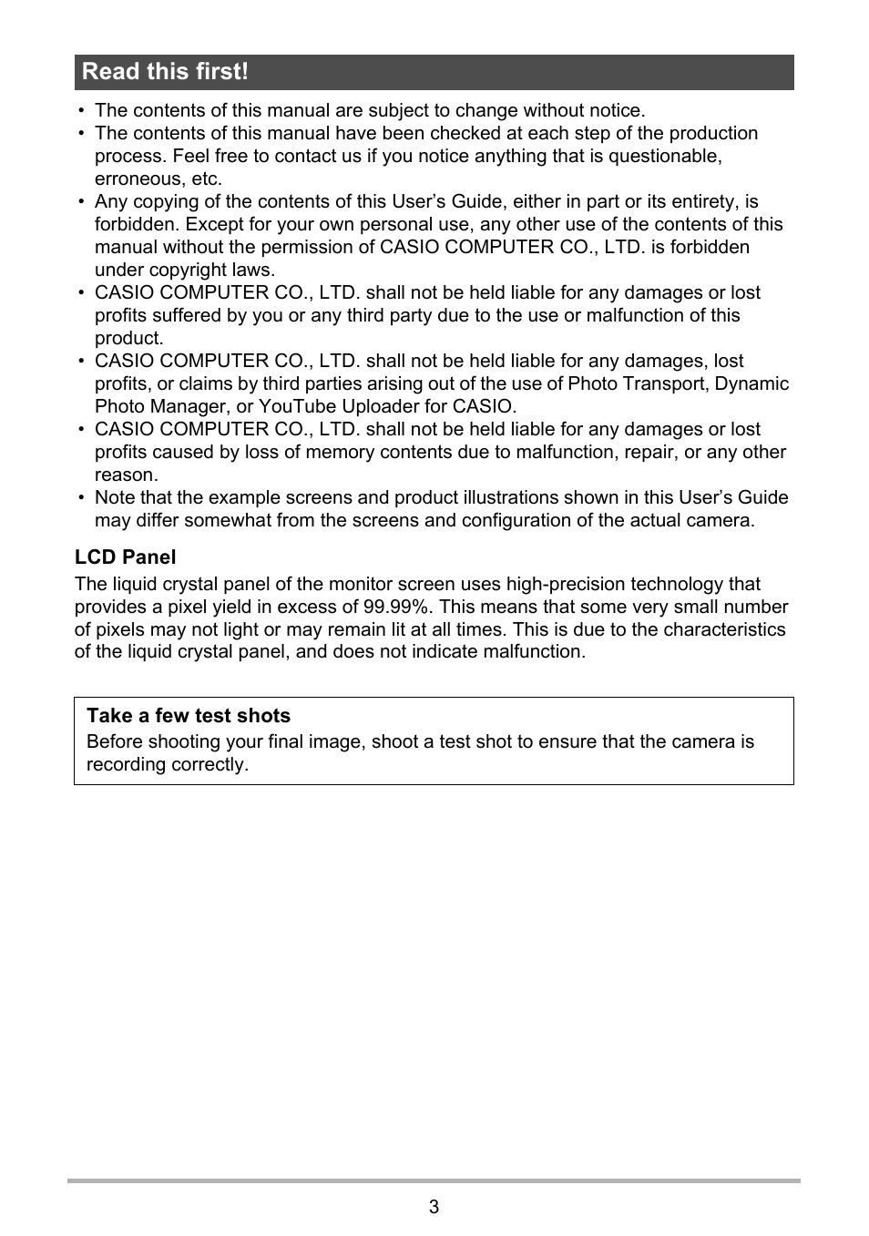 Read this first | Casio EXILIM EX-S300 User Manual | Page 3 / 189