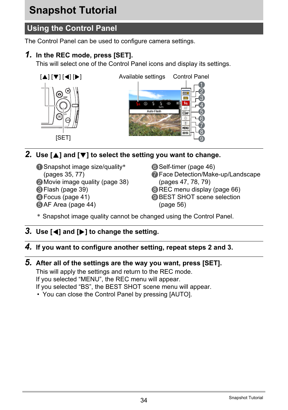 Snapshot tutorial, Using the control panel | Casio EXILIM EX-S300 User Manual | Page 34 / 189