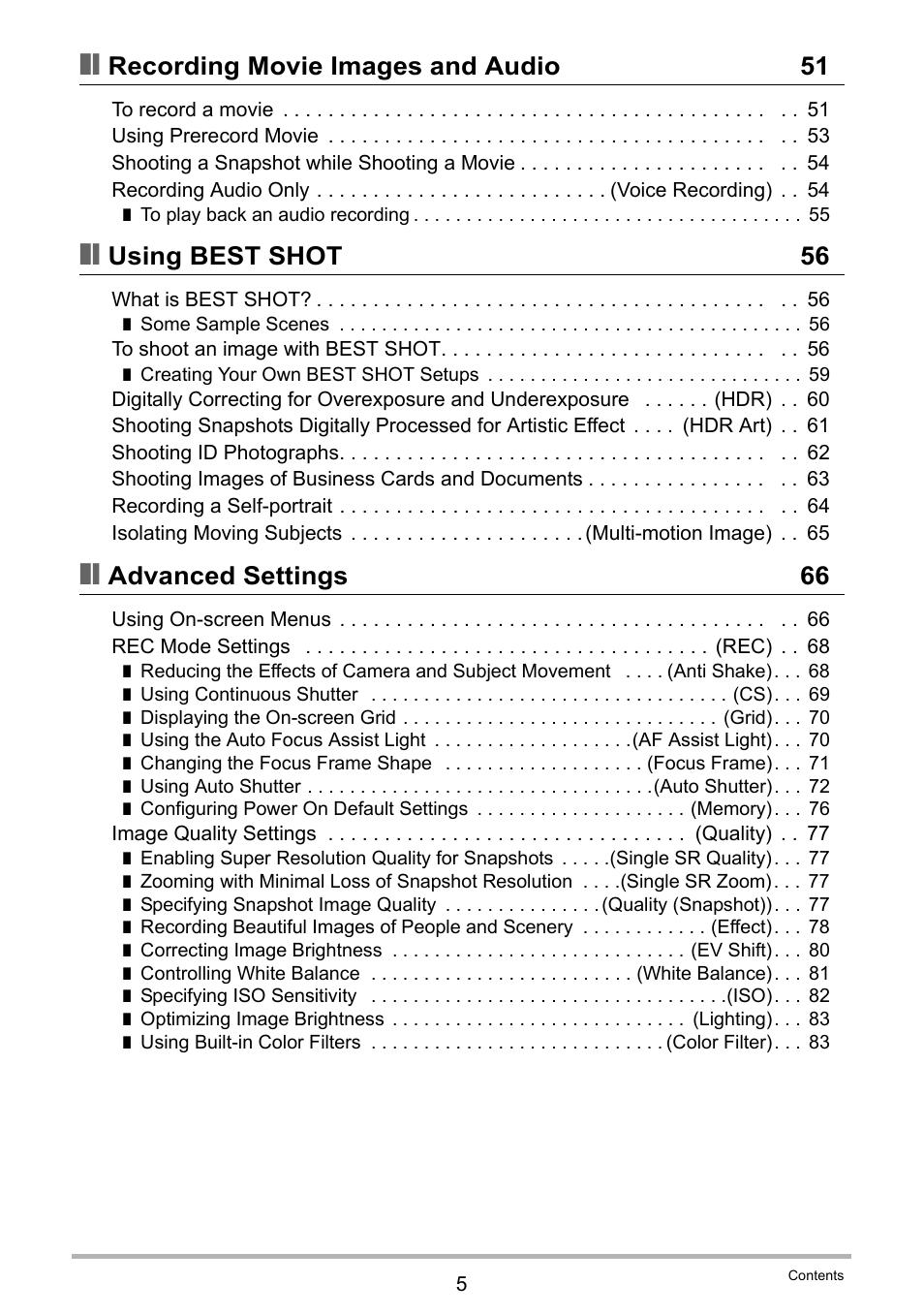 Recording movie images and audio 51, Using best shot 56, Advanced settings 66 | Casio EXILIM EX-S300 User Manual | Page 5 / 189