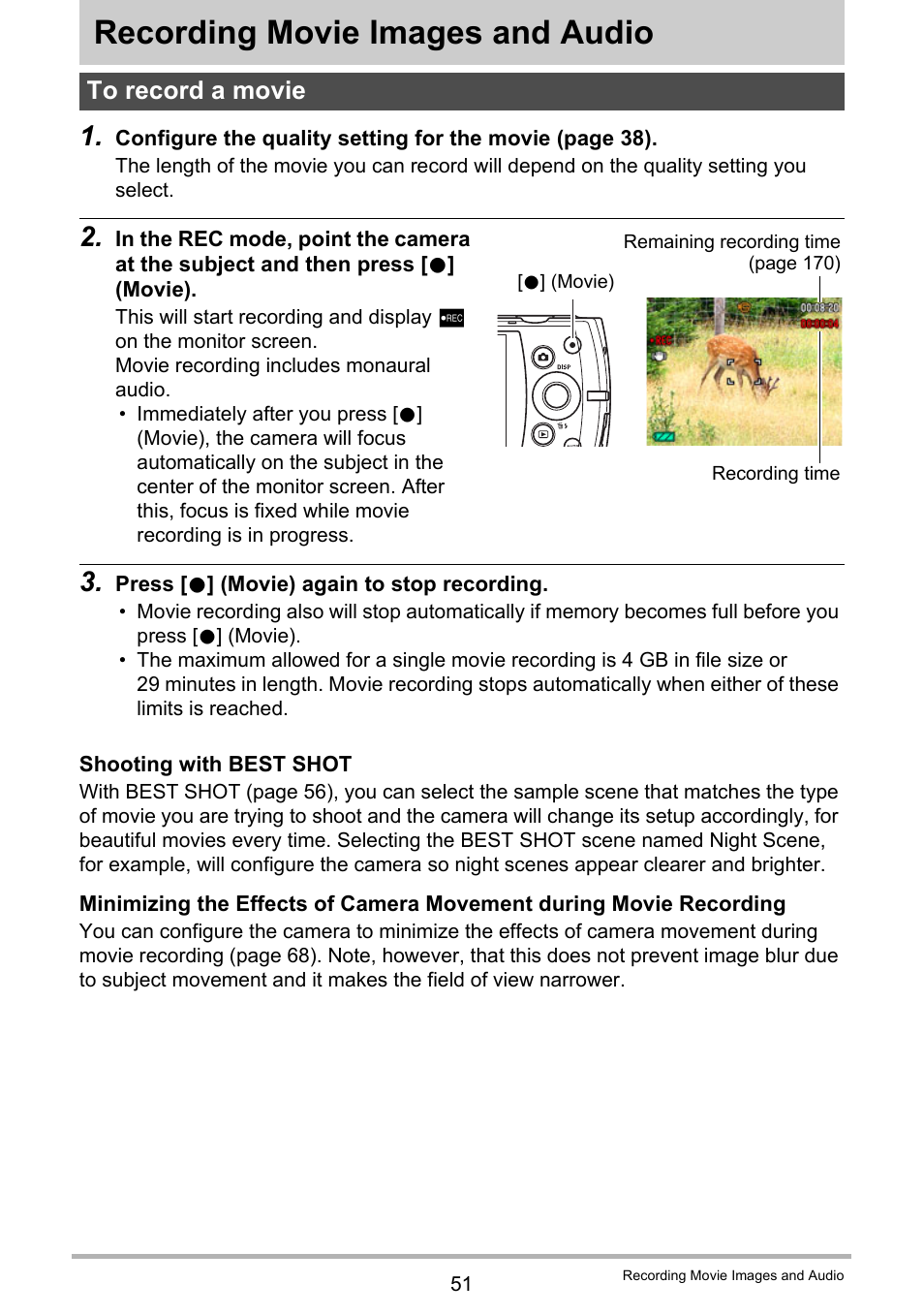 Recording movie images and audio, To record a movie | Casio EXILIM EX-S300 User Manual | Page 51 / 189