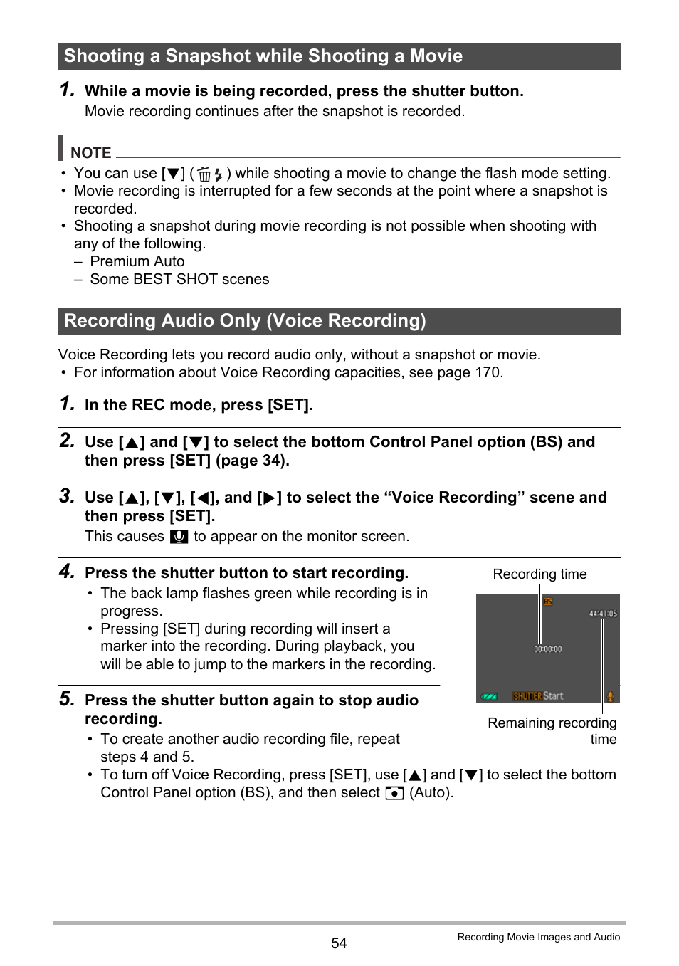 Shooting a snapshot while shooting a movie, Recording audio only (voice recording) | Casio EXILIM EX-S300 User Manual | Page 54 / 189